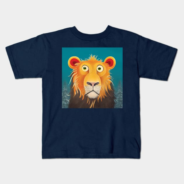 Quirky Surprised Lion Illustration on a Turquoise Background. Great kids room decoration Kids T-Shirt by Geminiartstudio